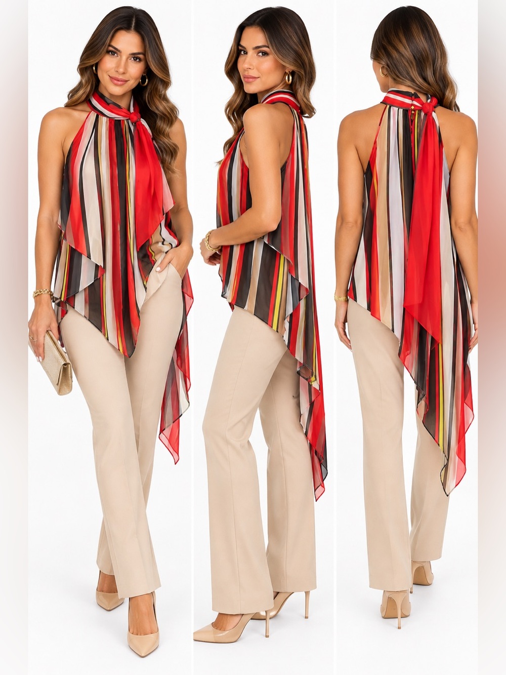 New York & Company Striped Asymmetrical Halter Tunic Top Size S